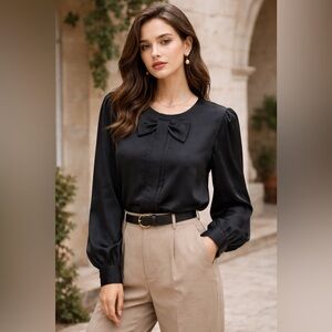 Vintage Black Silky Bow Blouse Puff Sleeve Button Back Medium Poetcore Academia